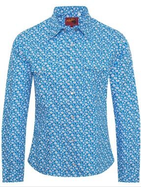 Women's Blue Floral Pearl Button-Down Shirt with Contrast Daisies